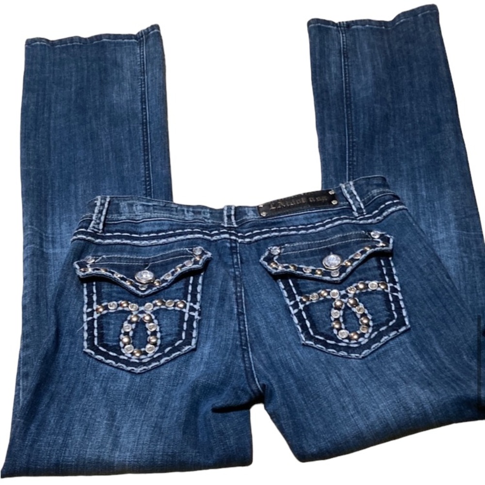 LA Idol USA 90’s Rhinestone Studded Medium Wash Denim Bootcut Flap Pocket Jeans